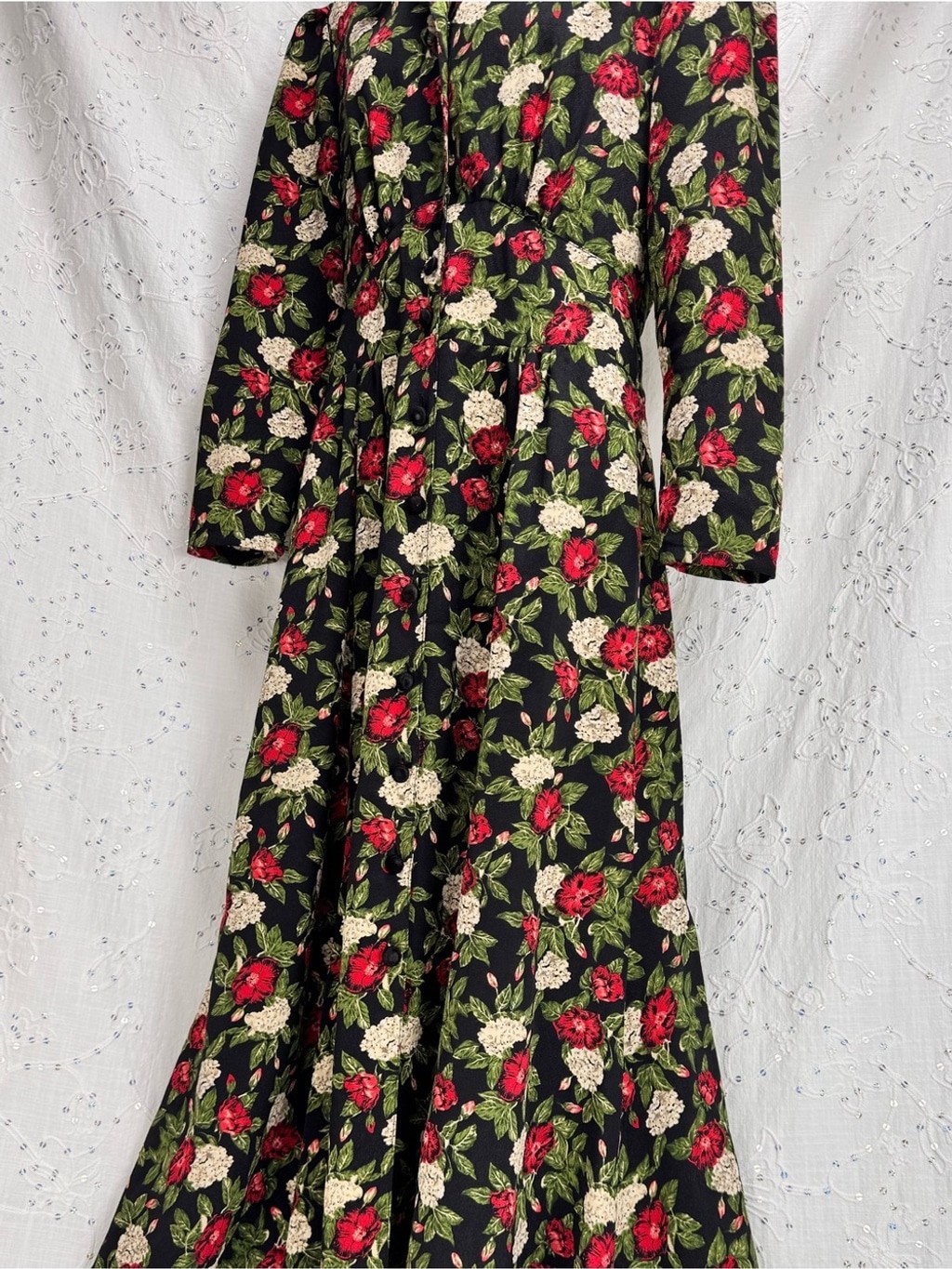 Vintage 80s 90s Northern Traditions Floral Maxi Dress Velvet Collar Button Front