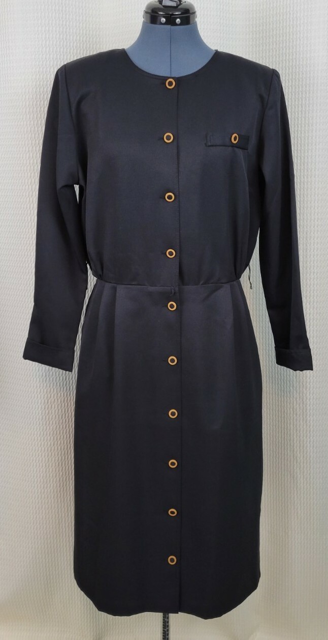 Vintage Sabino Black Dress w Full Button Down in Brown Accent Buttons Size 16