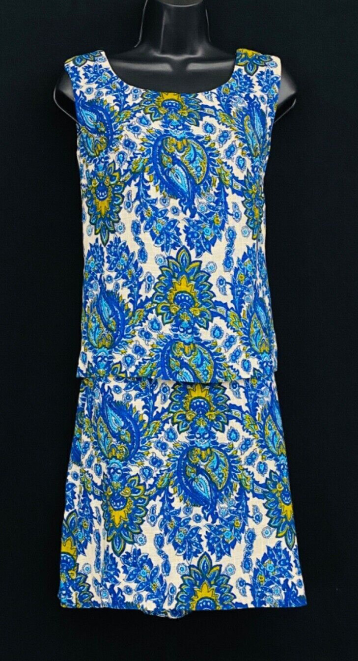 Vintage 1970s white blue paisley linen dress XS mini skirt sleeveless top suit