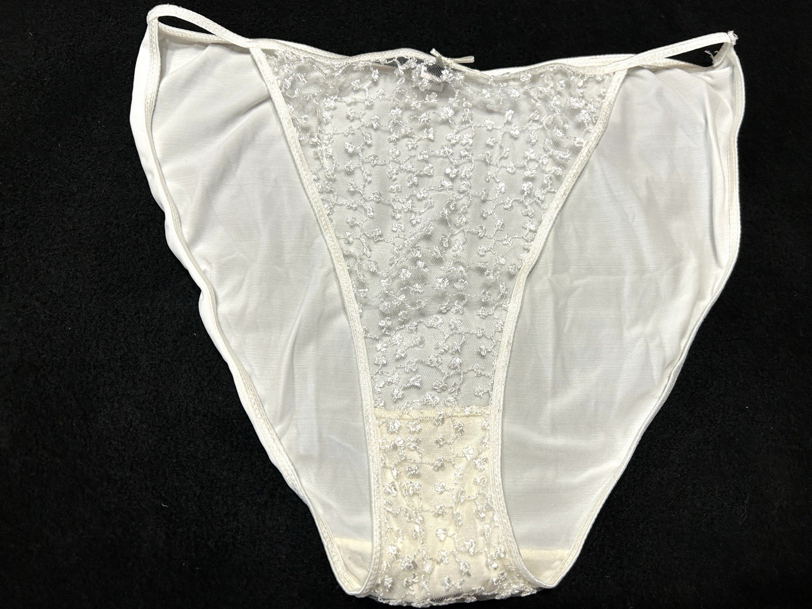Vtg DONNA LOREN 105X Embroidered Sheer Mesh Satin 4X White String Bikini Panties