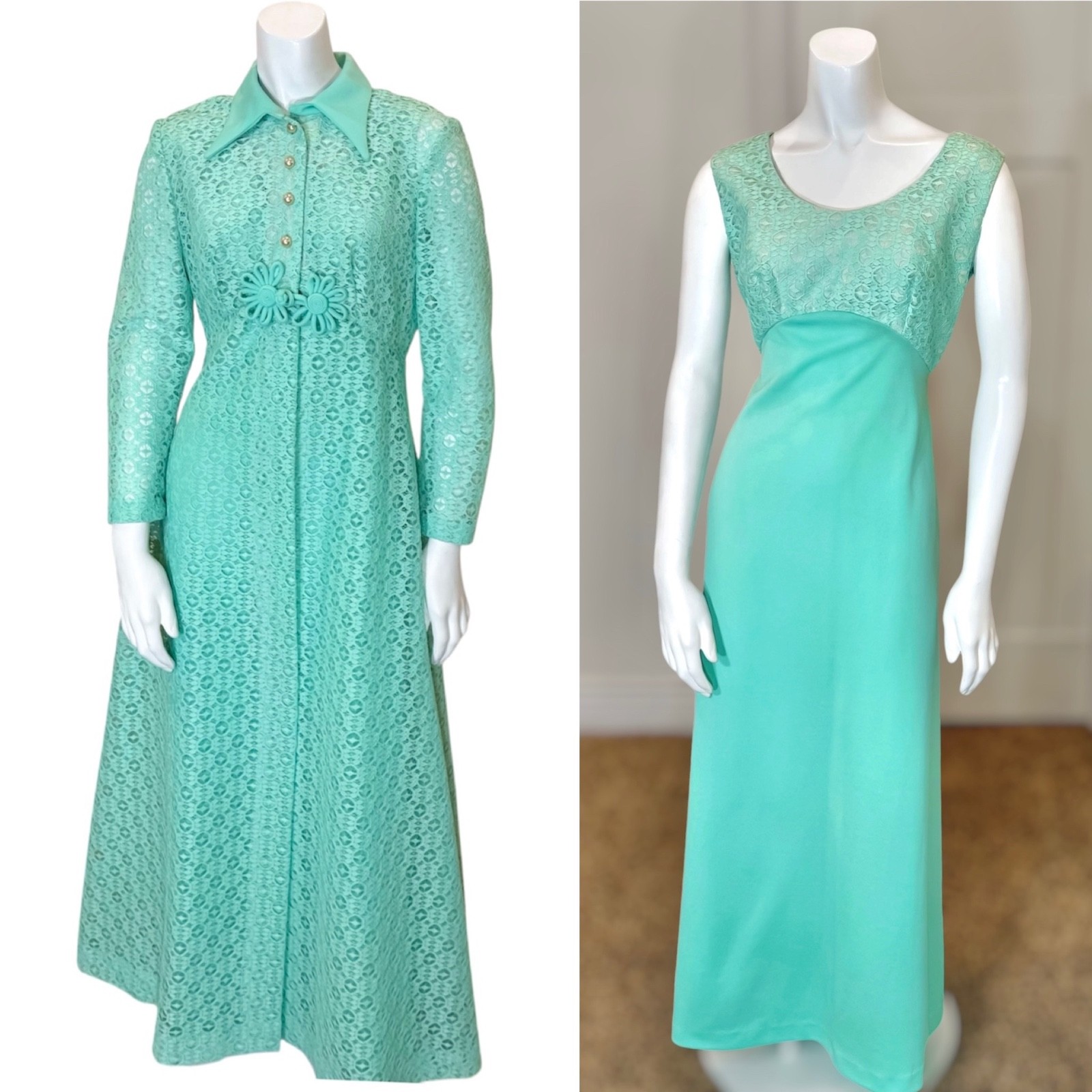 Vintage 70’s LACE MAXI SHIRT JACKET x DRESS SET M MCM Retro Green Suit Evening
