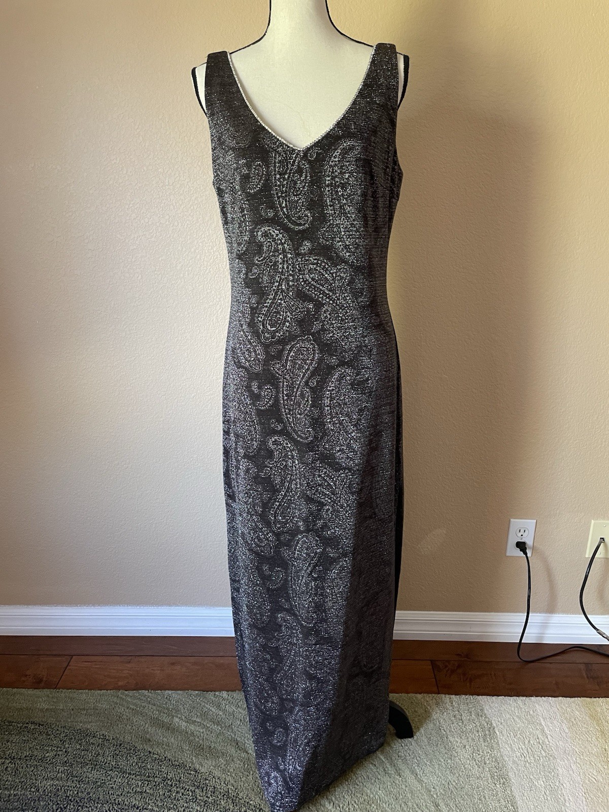 Vintage 90 Y2K Metallic Knit Sparkle Rhinestone Trim Maxi Dress Lurex Paisley 14