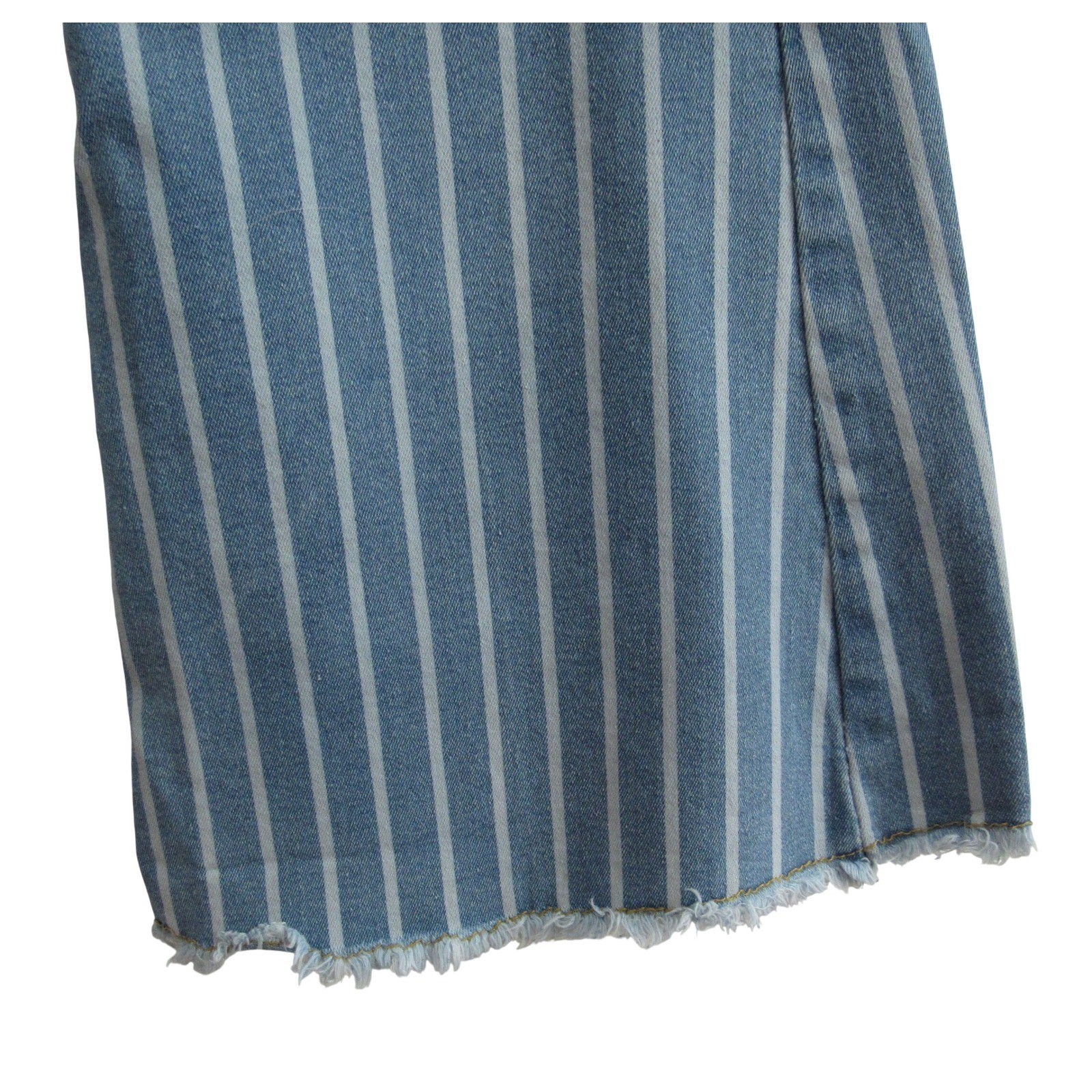 High Rise Flare Jean Blue White Stripe Bell Bottom Raw Hem Retro Boho Festival M