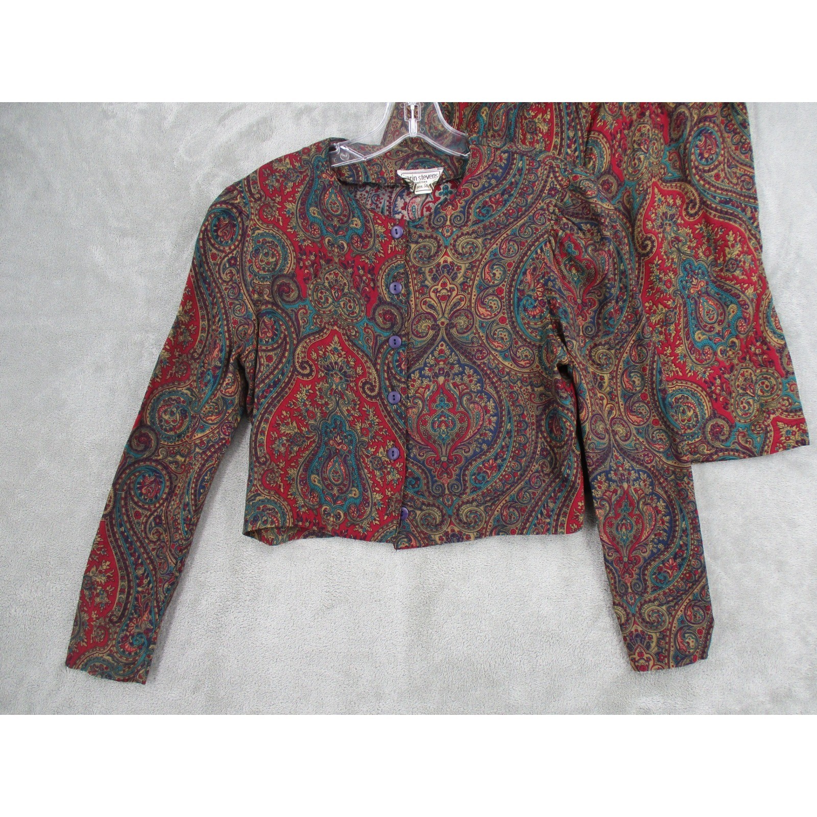 Vintage Karin Stevens Short Set Womens Small Cropped Paisley Boho Button Pleated