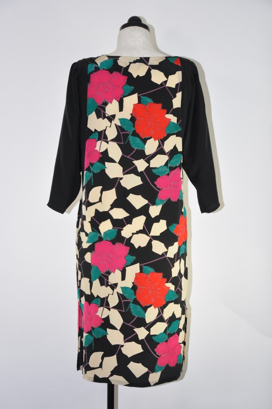 80s Vintage Nora Noh Silk Red Pink Rose Print Puff Sleeve Shift Dress Women S