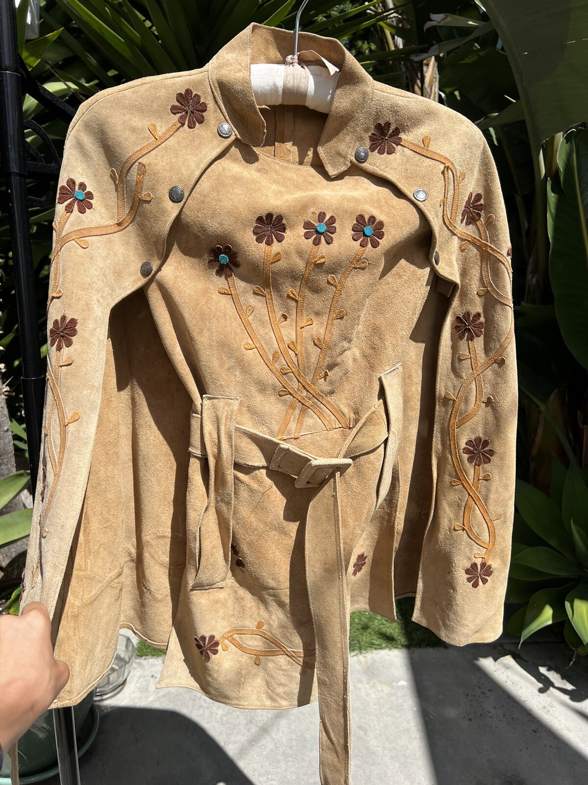 Vintage 70s Tan Suede Cape Coat Jacket Flowers Heart Jacket