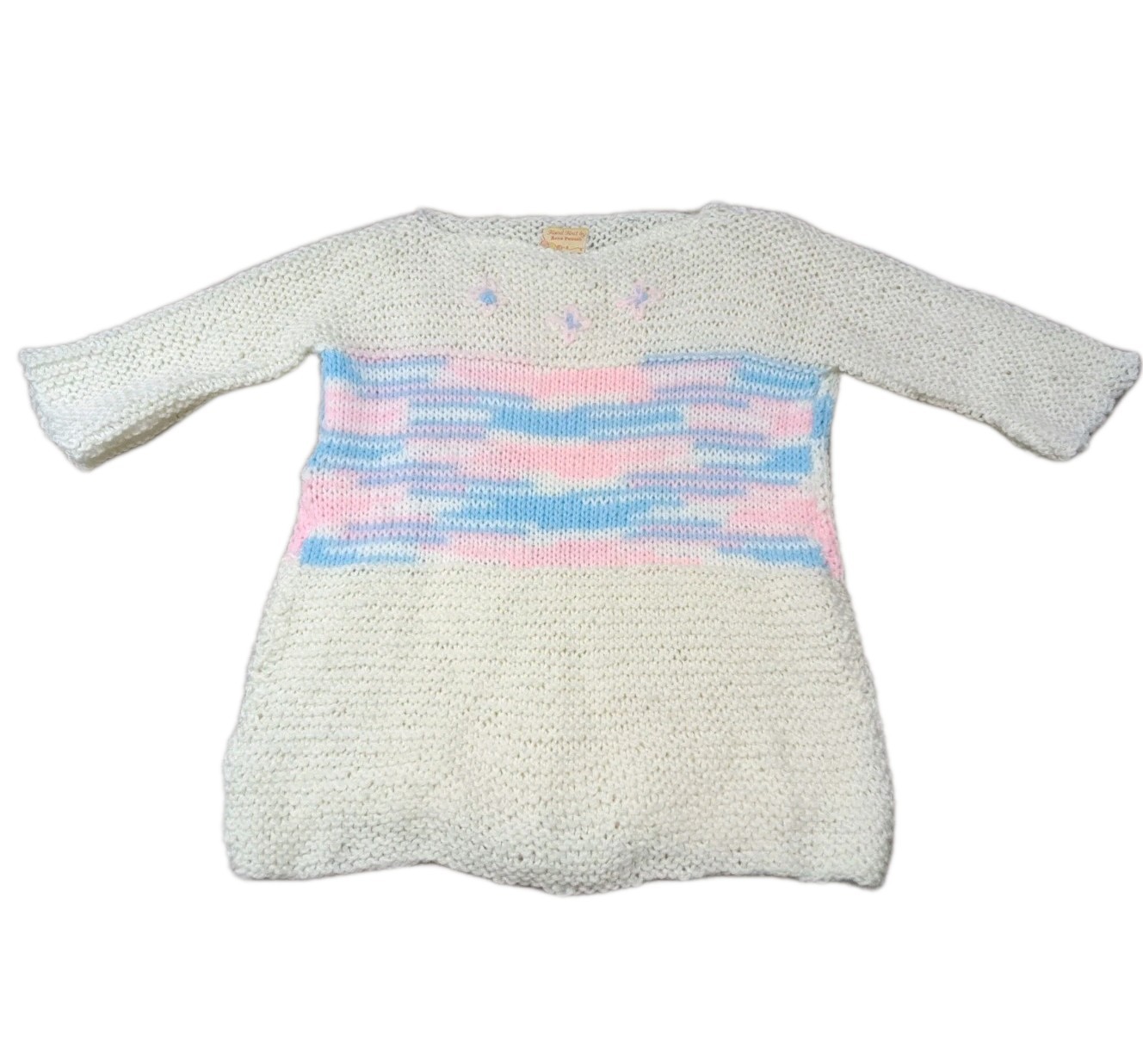 Rare Vintage 1980s Anna Petrush Hand Knit Sweater Ivory Pink Blue Women’s Knit