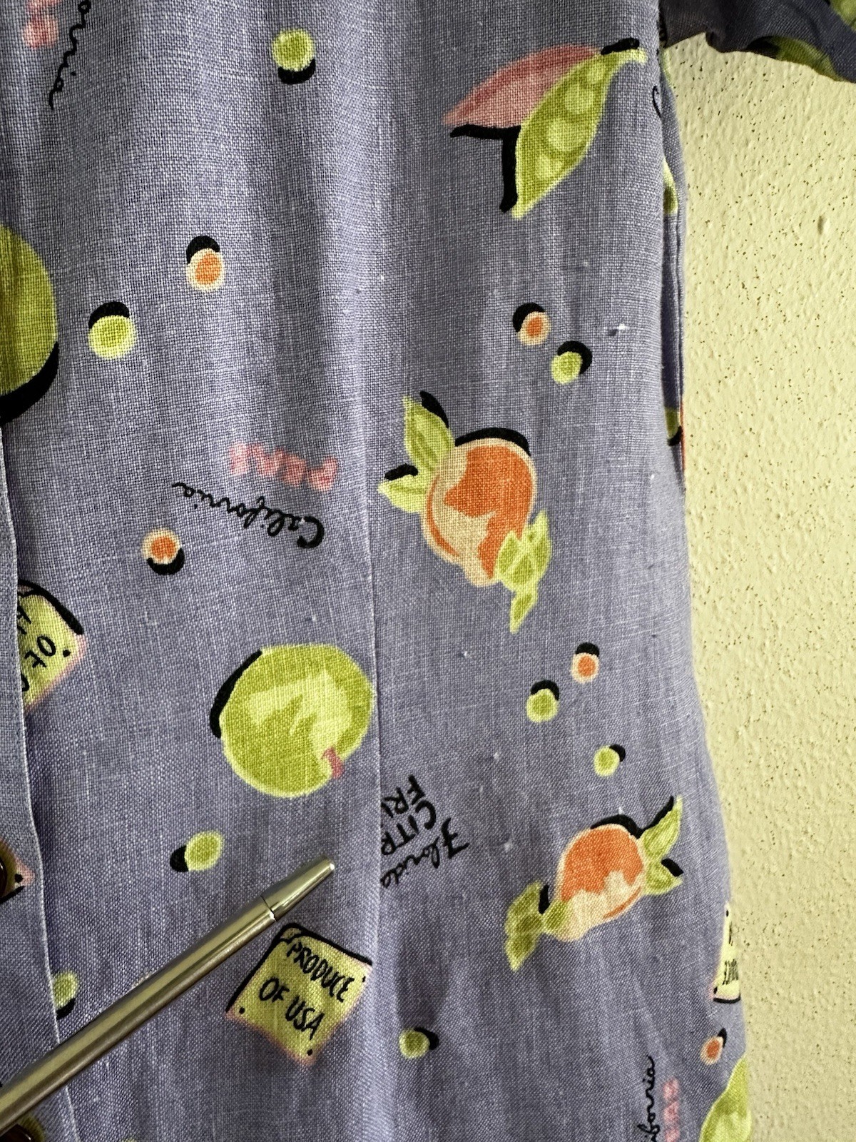 Vintage 90s Linen Novelty Citrus Fruit Shirt Dress Purple Button Front Kiko S M