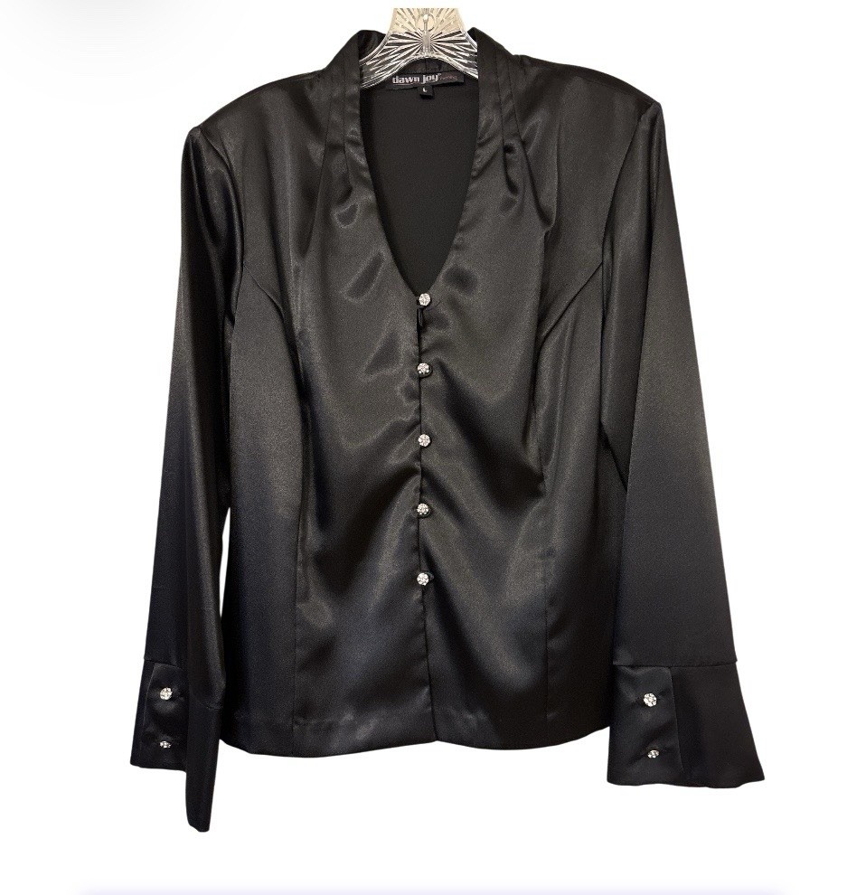 Vintage 80’s Black Satin Blouse Decorative Buttons Cuffs Dawn Joy Large