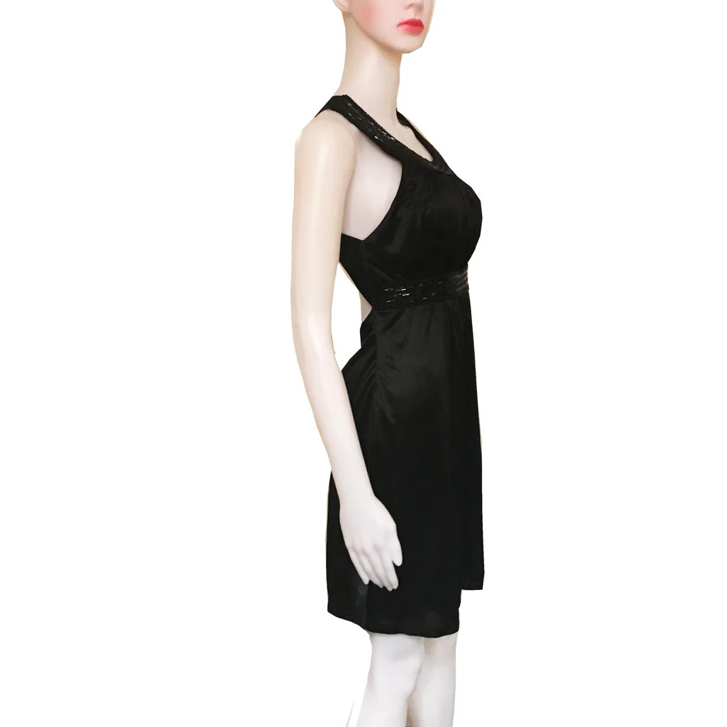 Vintage 1990s Black Satin Beaded Halter Mini Skater Dress S Cocktail Prom LBD