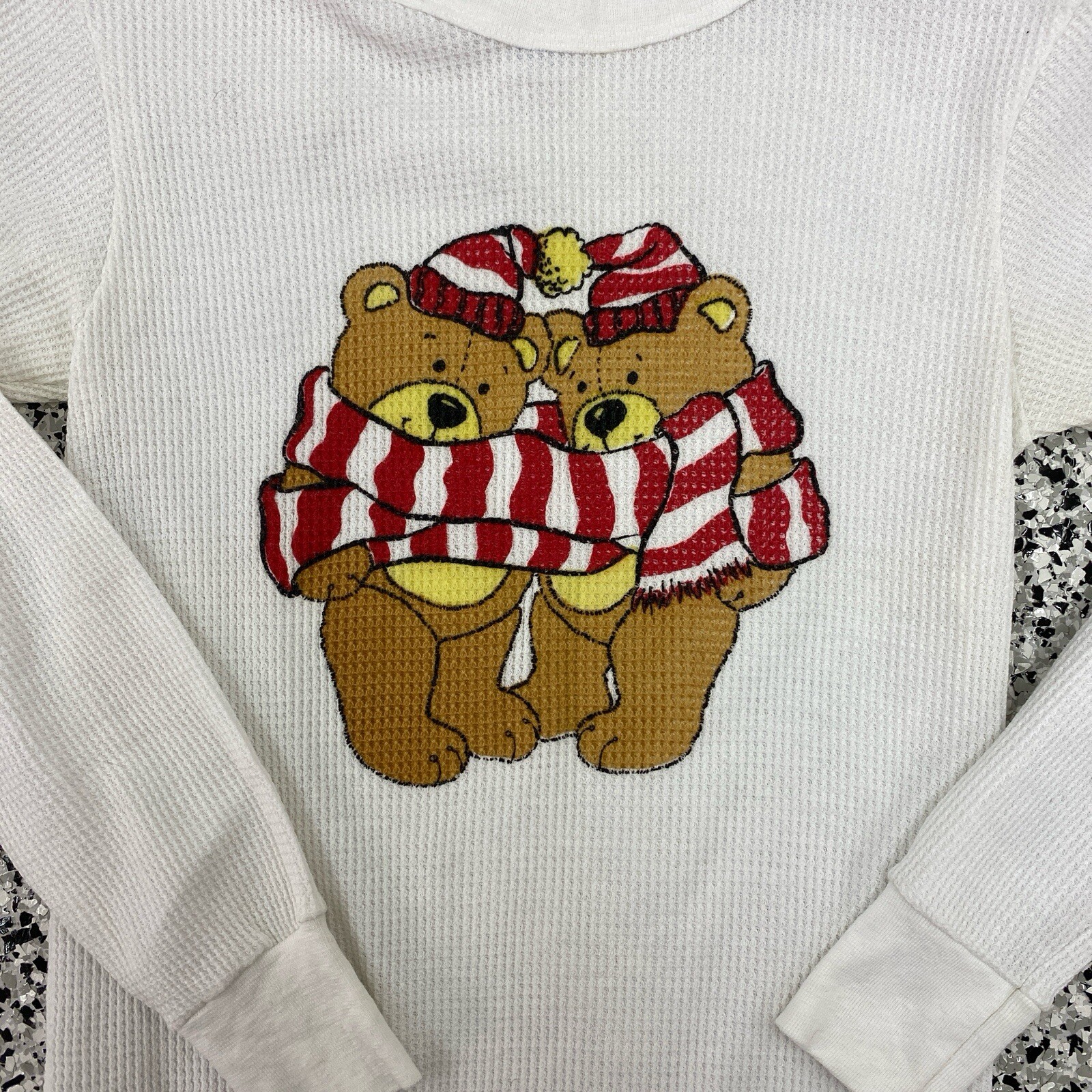 Vintage Christmas Bear Winter Waffle Thermal Shirt Ocello Made In USA Sz Small