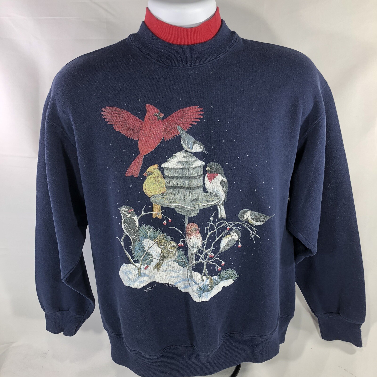 Vintage Cardinal Bird Feeder Winter Sweatshirt Layered Neck USA Made Large 90s