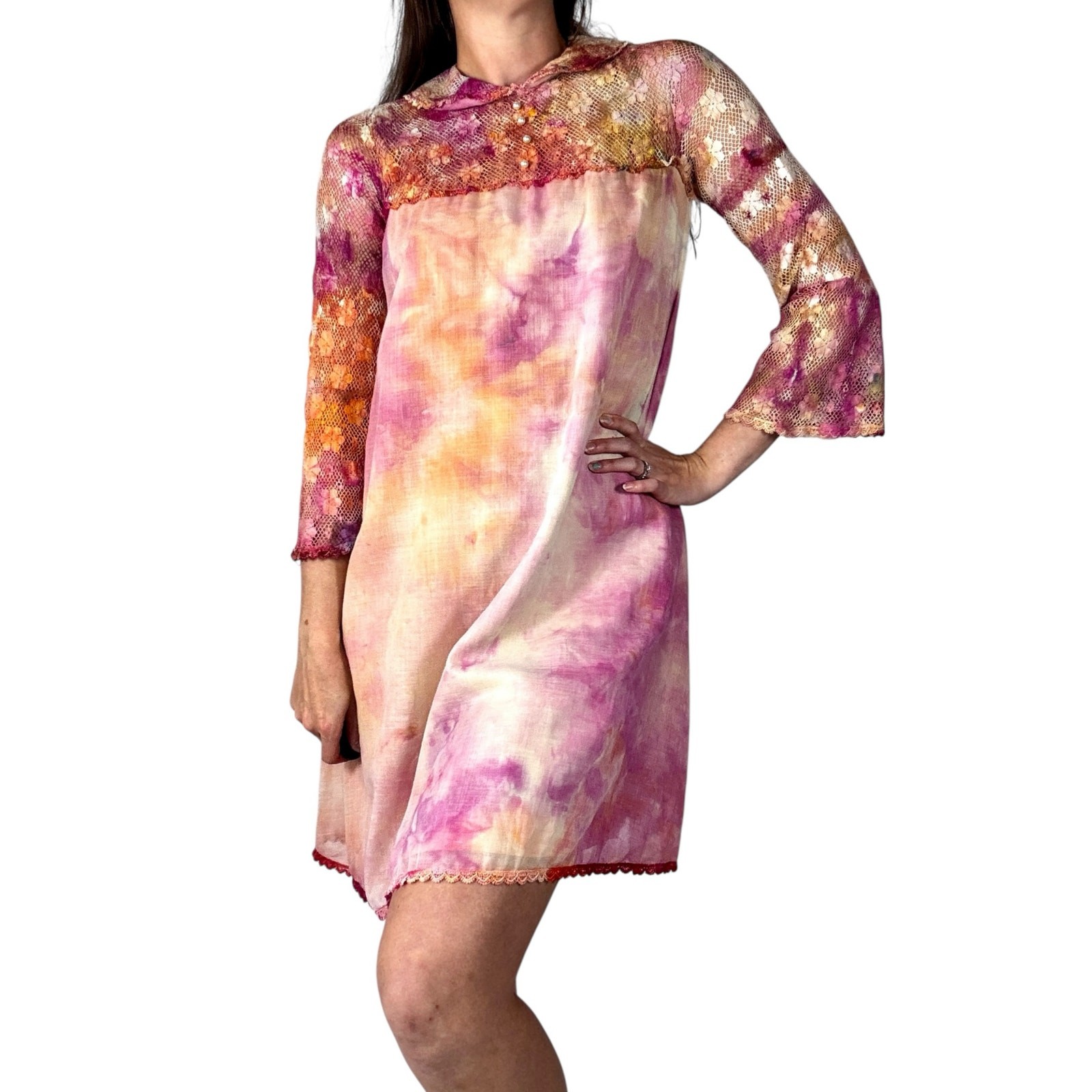 Vintage 1960s Hand Dyed Pink Orange Ice Dye Shift Dress Bell Sleeves Lace Yoke