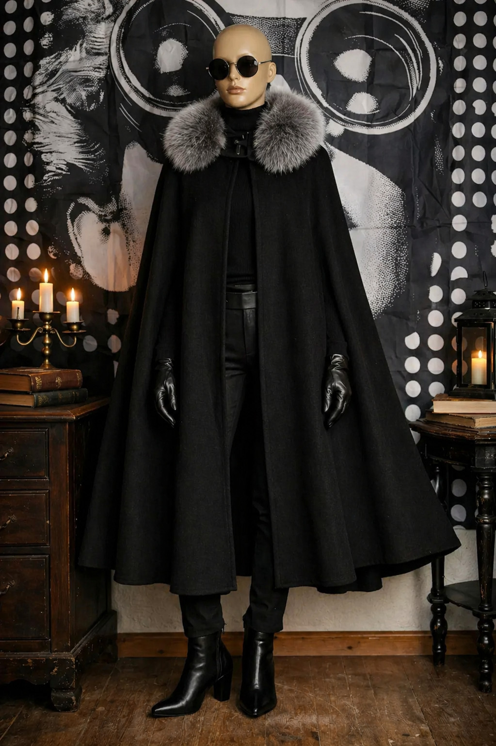 ✨ Vintage Couture Cape 60s Black Wool Cape Real Fur Collar Old Money XL