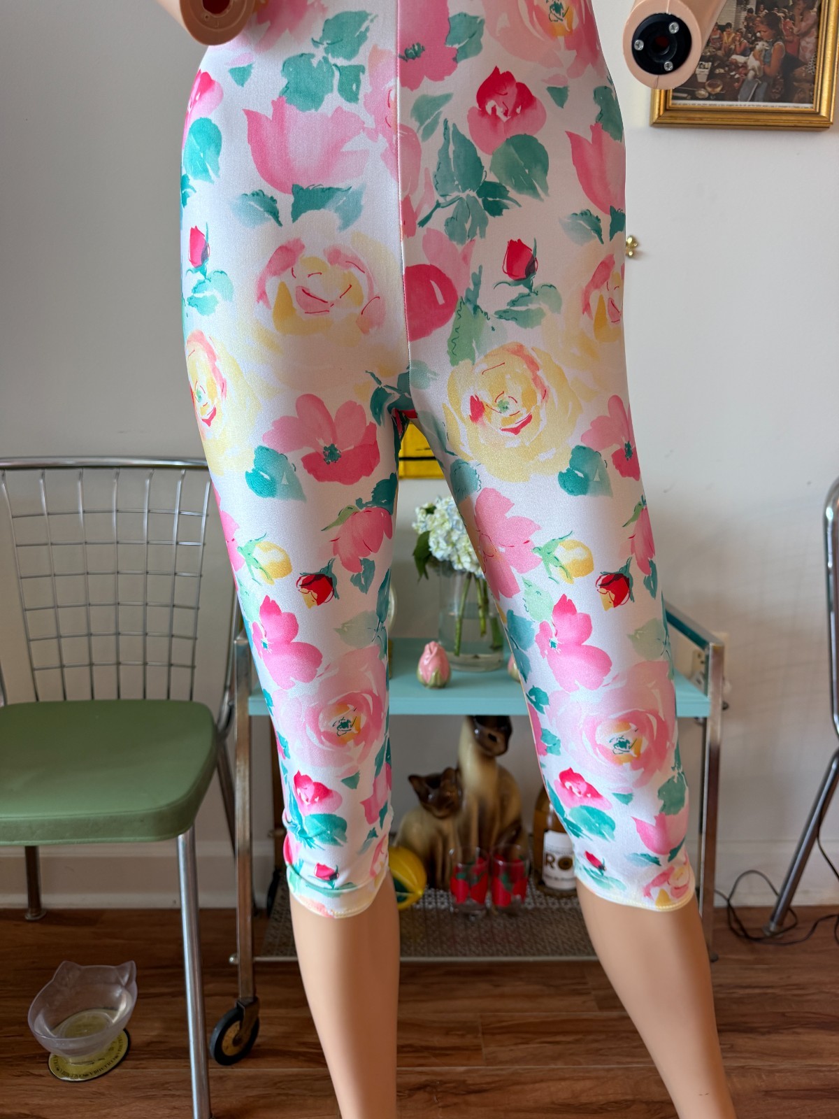 🌸 Vintage 80s Made in USA Floral Pastel Capri Leotard Spandex Jumpsuit M