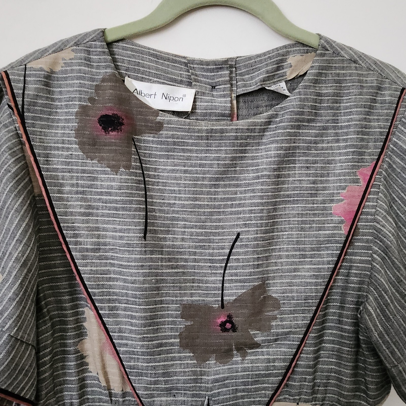 Vintage Albert Nipon Linen Cotton Gray Striped Floral Prints Dress 4 Pockets