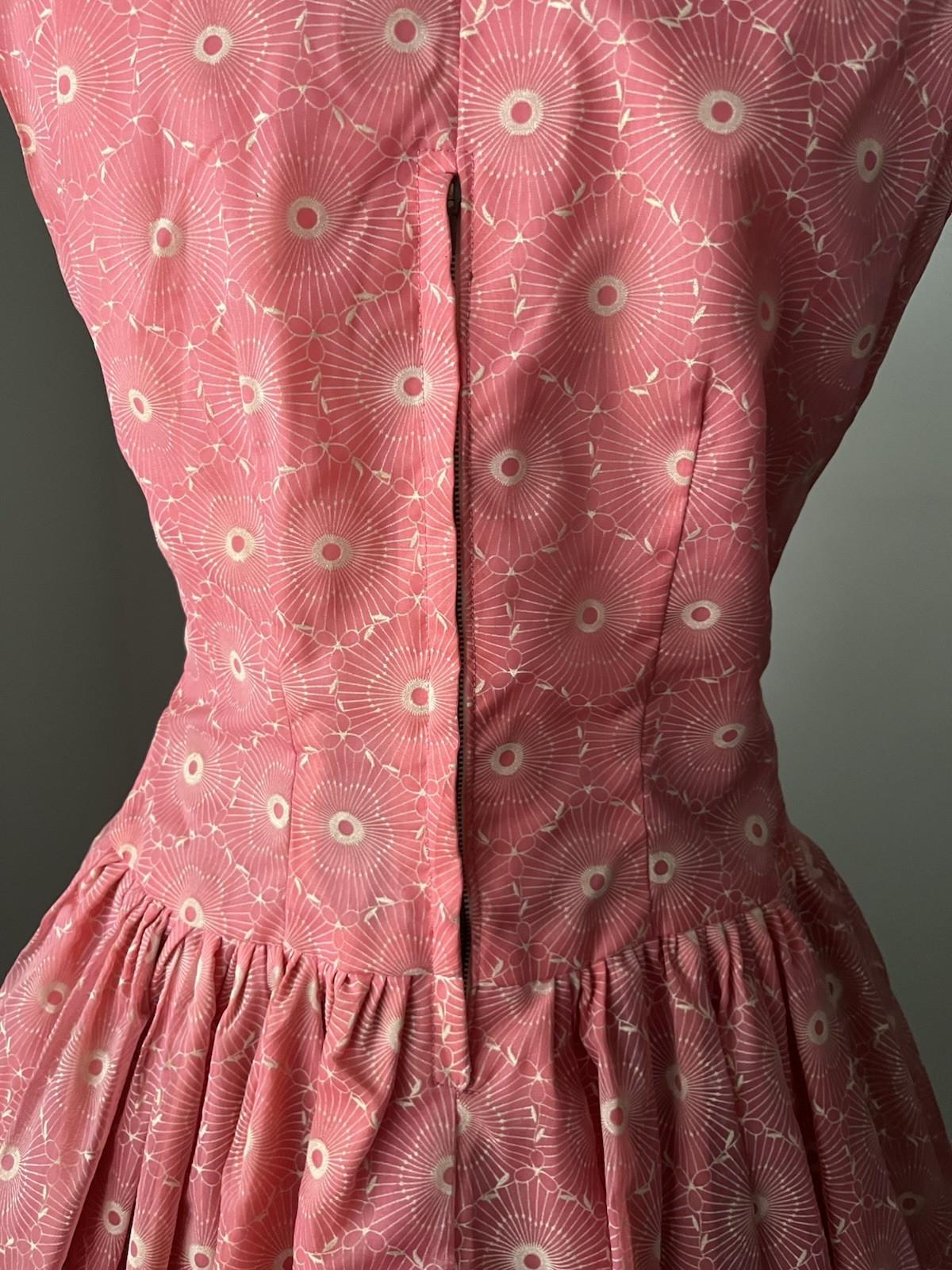 Vintage 1950s Coral Pink pattern double layer Tea Dress | Rhinestone Bow Details