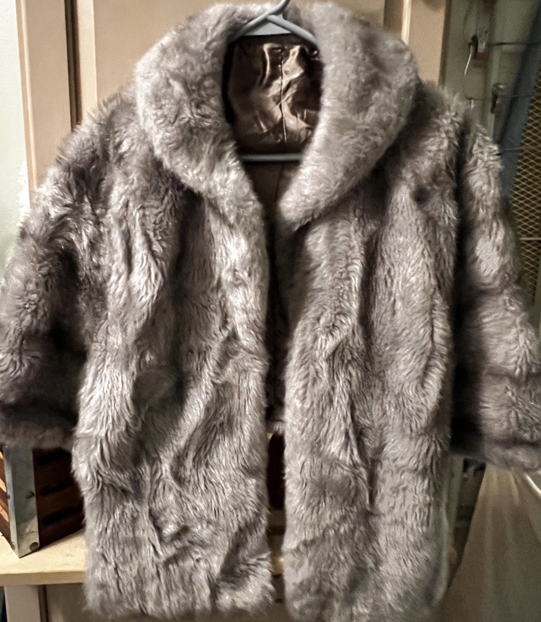 Vintage 1960s Sears Fashions Gray Faux Fur Cape Shawl Coat Brocade Lined Size L