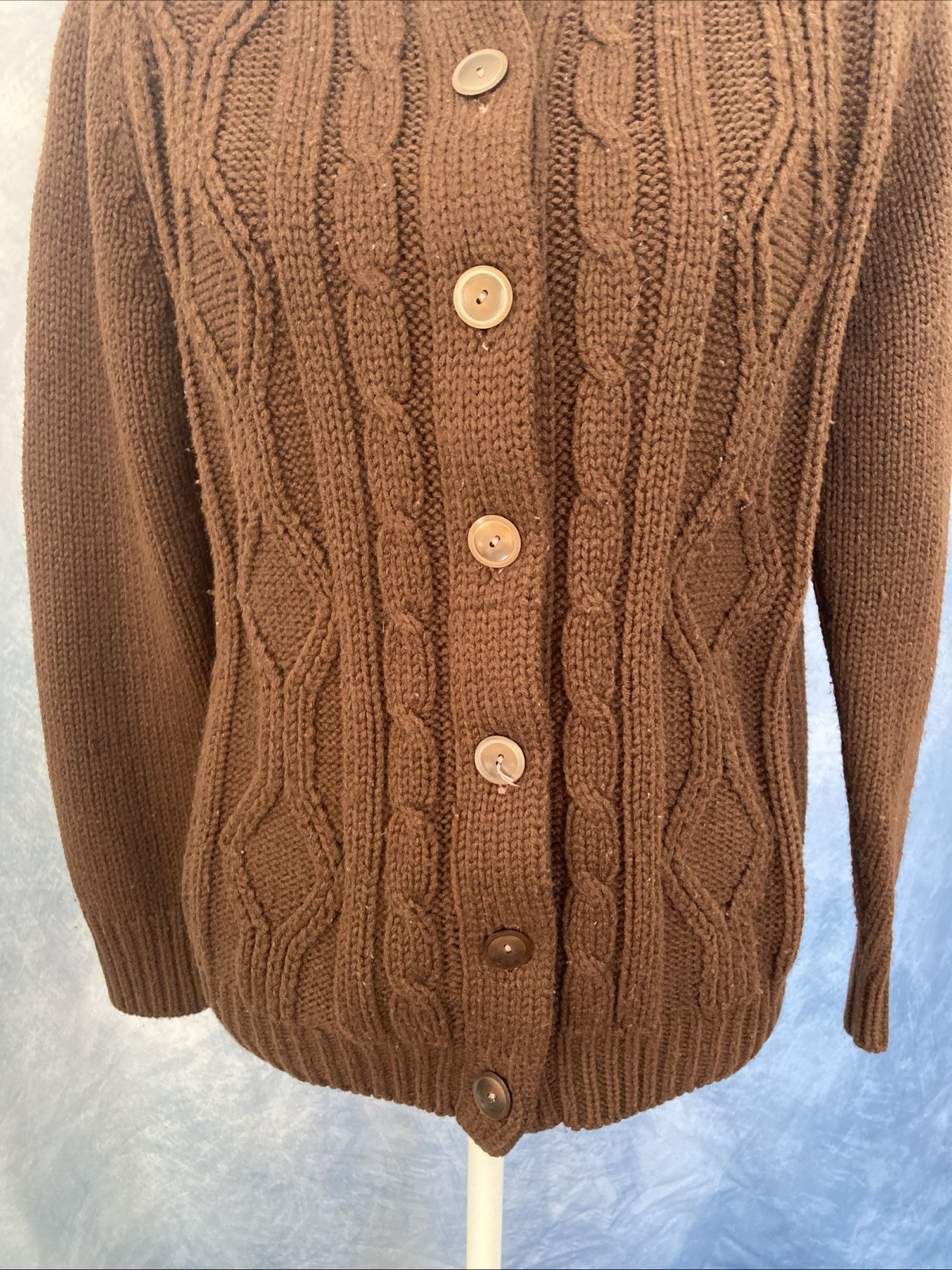 Vintage 1970s Women’s Brown Knit Cabled Acrylic Button Down Cardigan House Coat