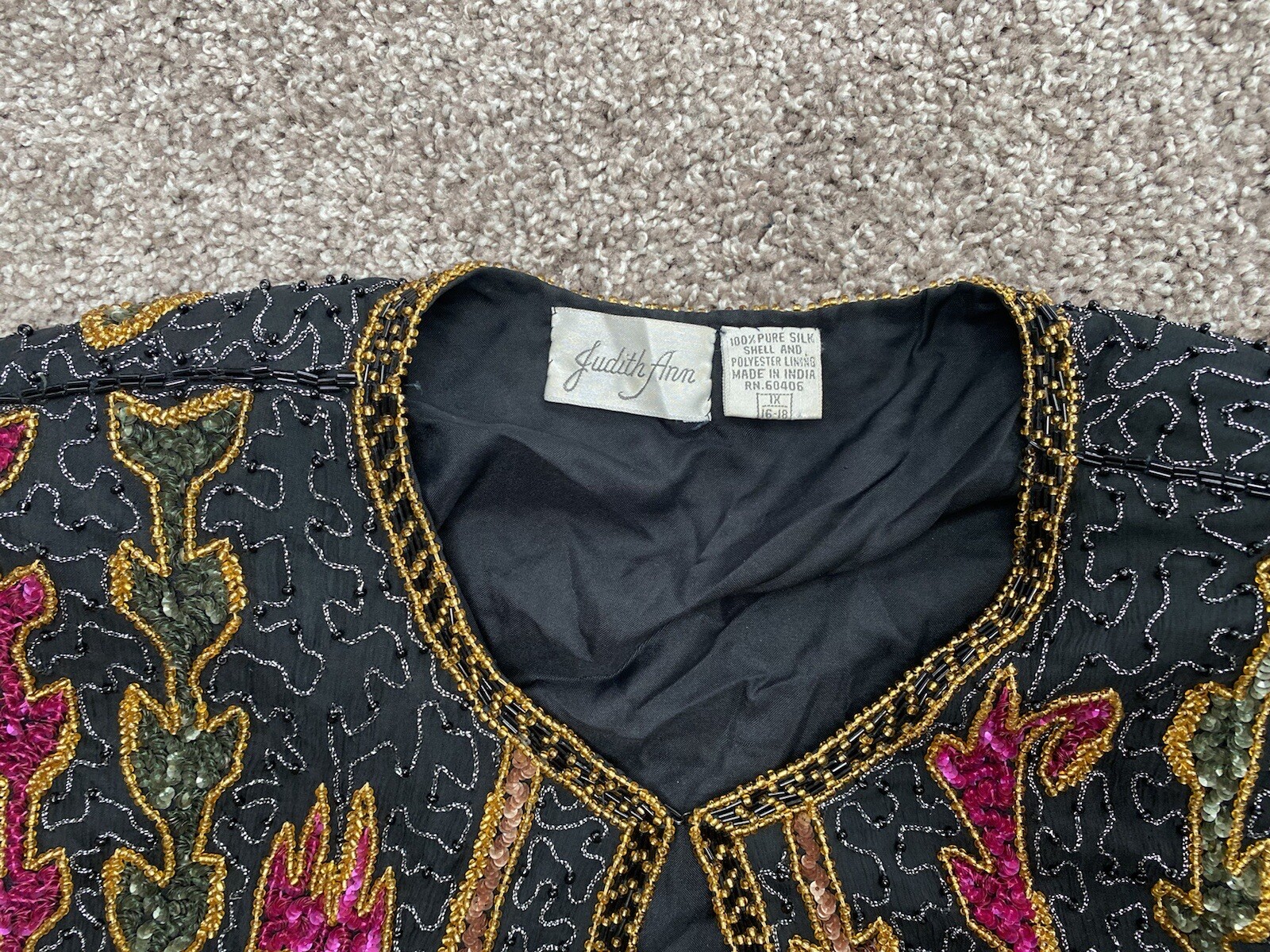 judith ann Black Gold Red Beading Vintage Jacket Blazer 1X 16-18