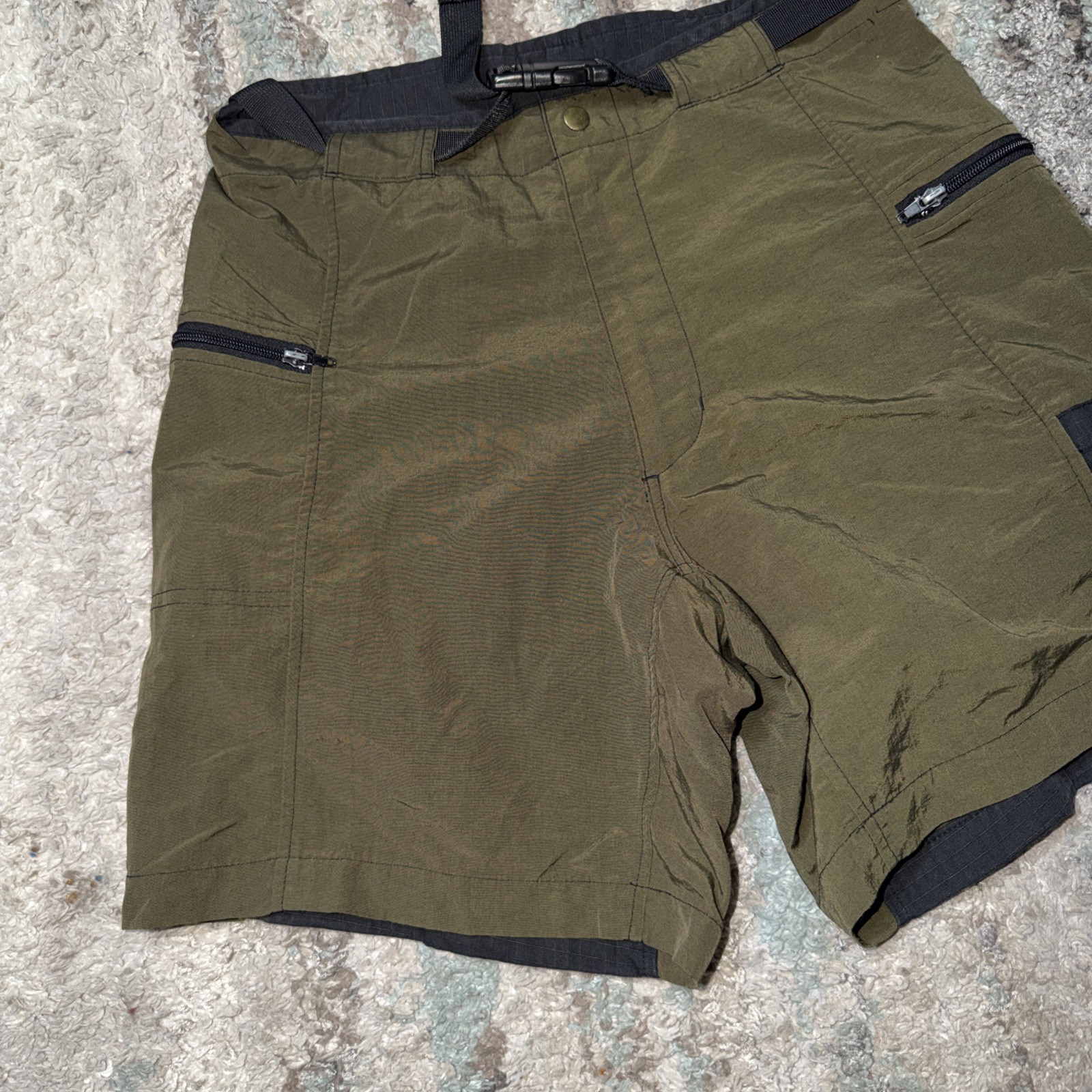 Vintage 80s 90s Last Chance Sportswear Nylon Olive Green Belted Shorts Size 32
