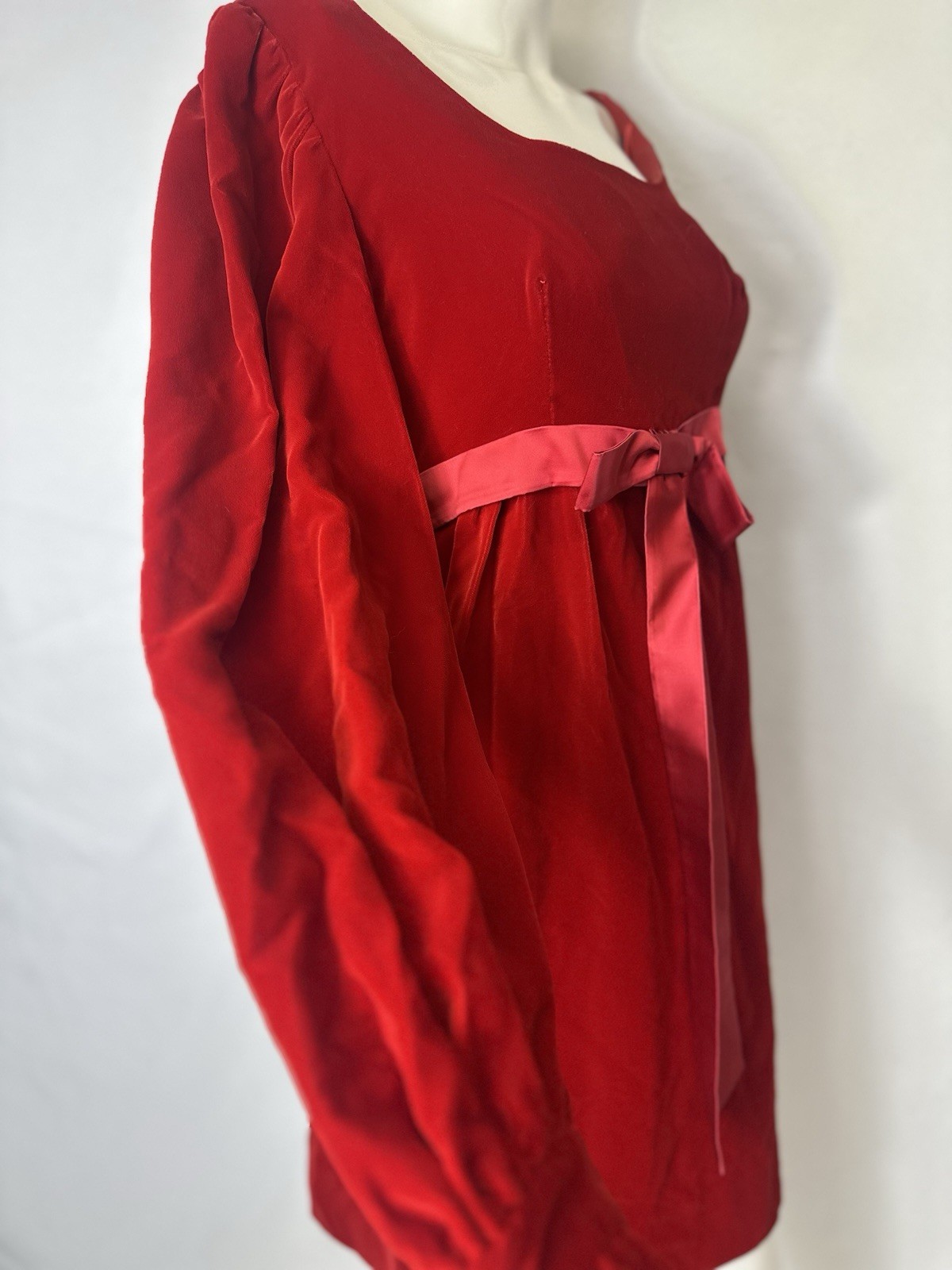 VINTAGE PERISCOPE 21 BRAND RED VELOUR DRESS Ribbon Waist Long Sleeve Size Small