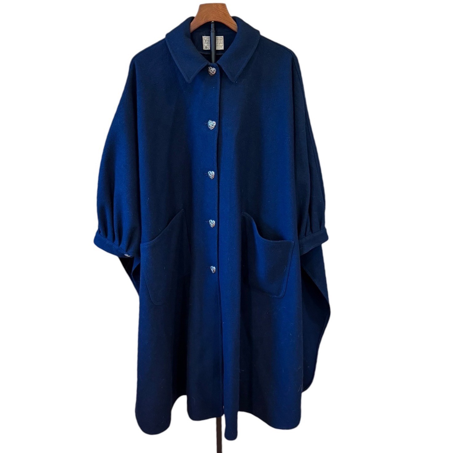 Vtg 70s Pendleton Navy Blue 100% Virgin Wool Cape Coat Heart Buttons USA 16-18