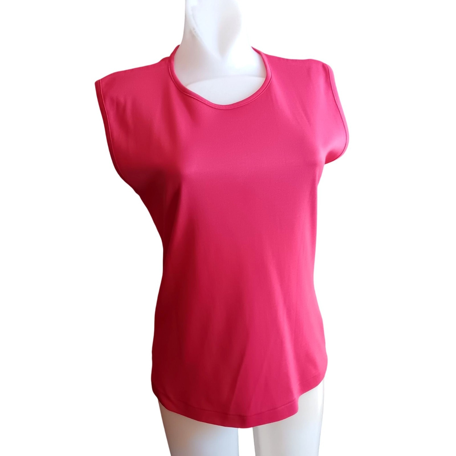 Vintage Womens T-shirt Top LARGE Polyester Slinky Sleeveless HOT RED Zipback 80s