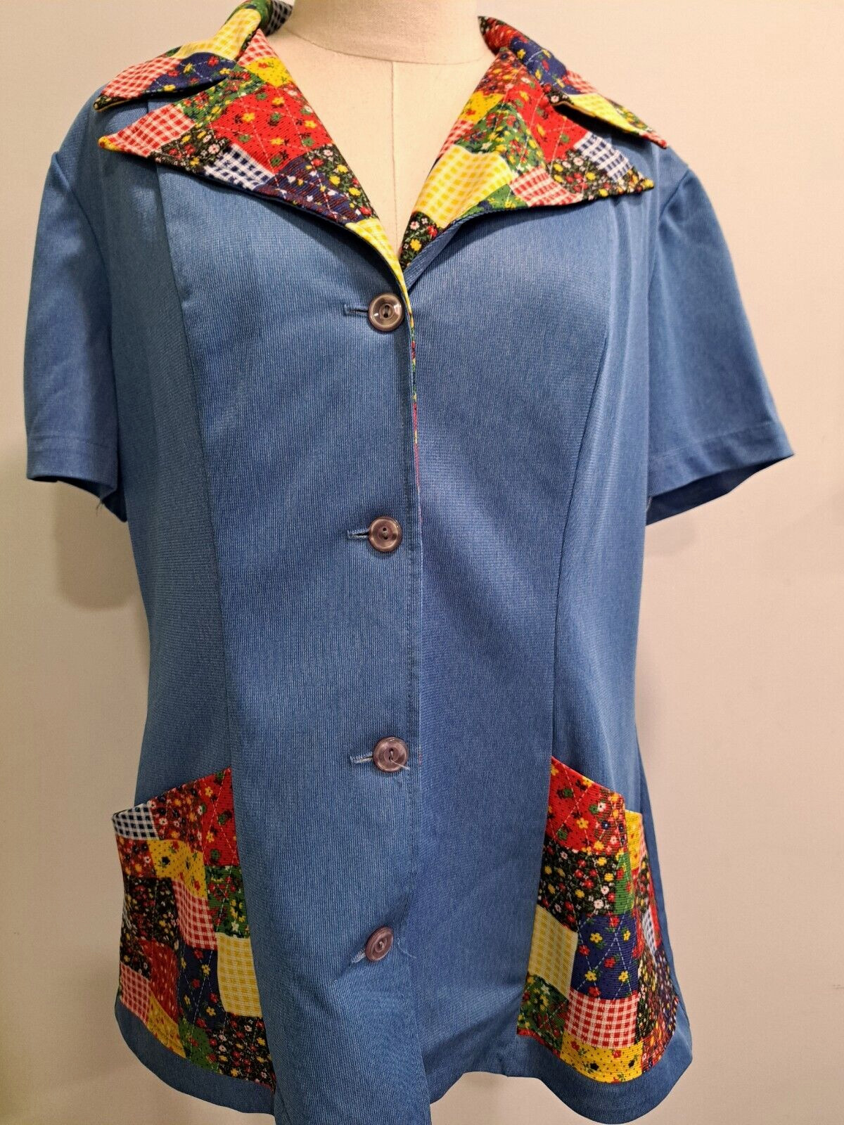 Vintage Rockabilly Waitress Top Patchwork Print Oversized Collar & Pockets LARGE