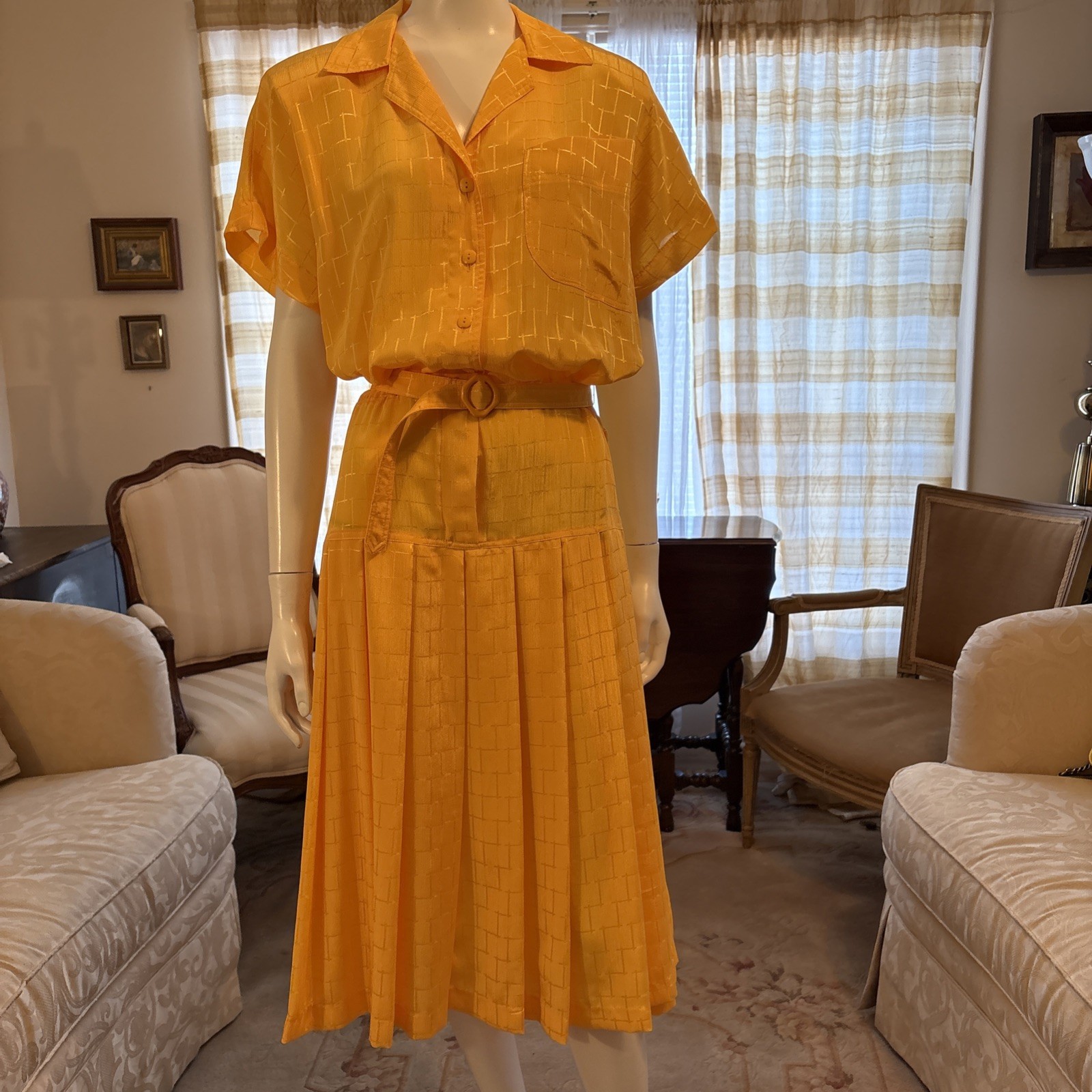 Vintage Raoul Dress Yellow Collar Pocket Pleats Belt Secretary Sz 12