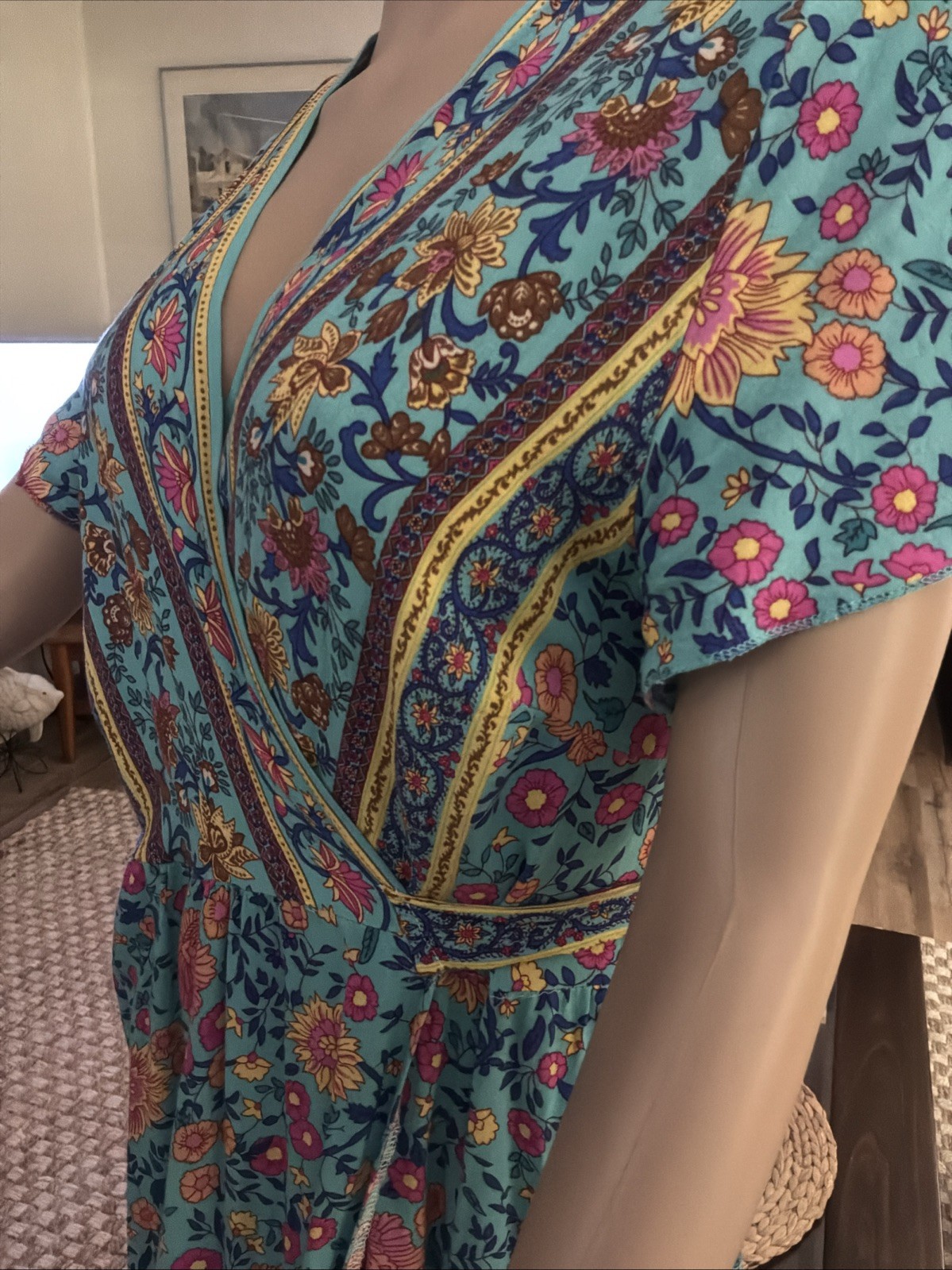 VINTAGE Hippie Women’s Wrap Dress Floral V-Neck Tiered Hemline Boho Size XXL