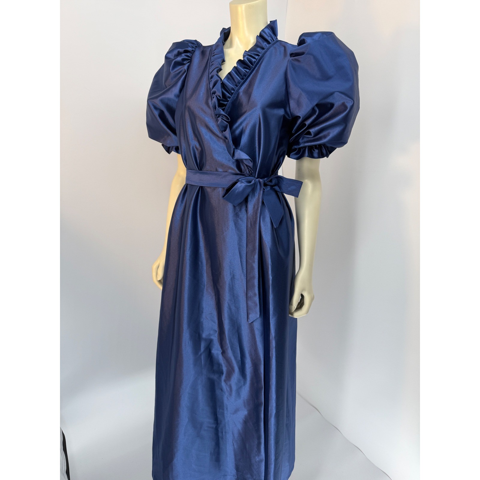 Vintage Puff Sleeve Satin Robe Royal Blue Ruffle Neck Tie Waist Maxi Wrap M/L