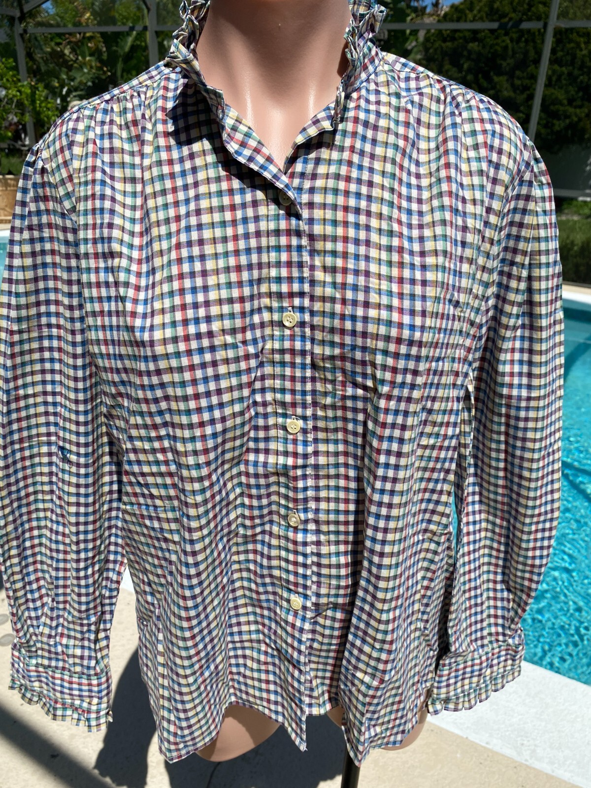 Vintage Levi’s Rainbow Gingham Ruffle Collar Sleeve Shirt Womens size 18 XL EUC