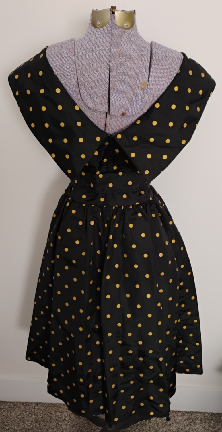 Vtg 80’S does 50’s DRESS Women’s Cocktail Evening Black Gold Polka Dot Retro 6/9