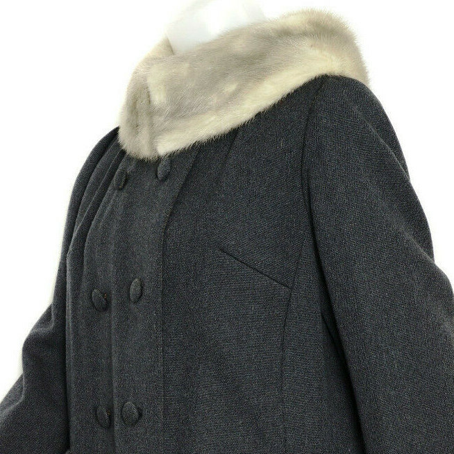 Gray Wool Twill Coat w Mink Collar Vintage 50s Furchgotts Hand Tailored Fits 8