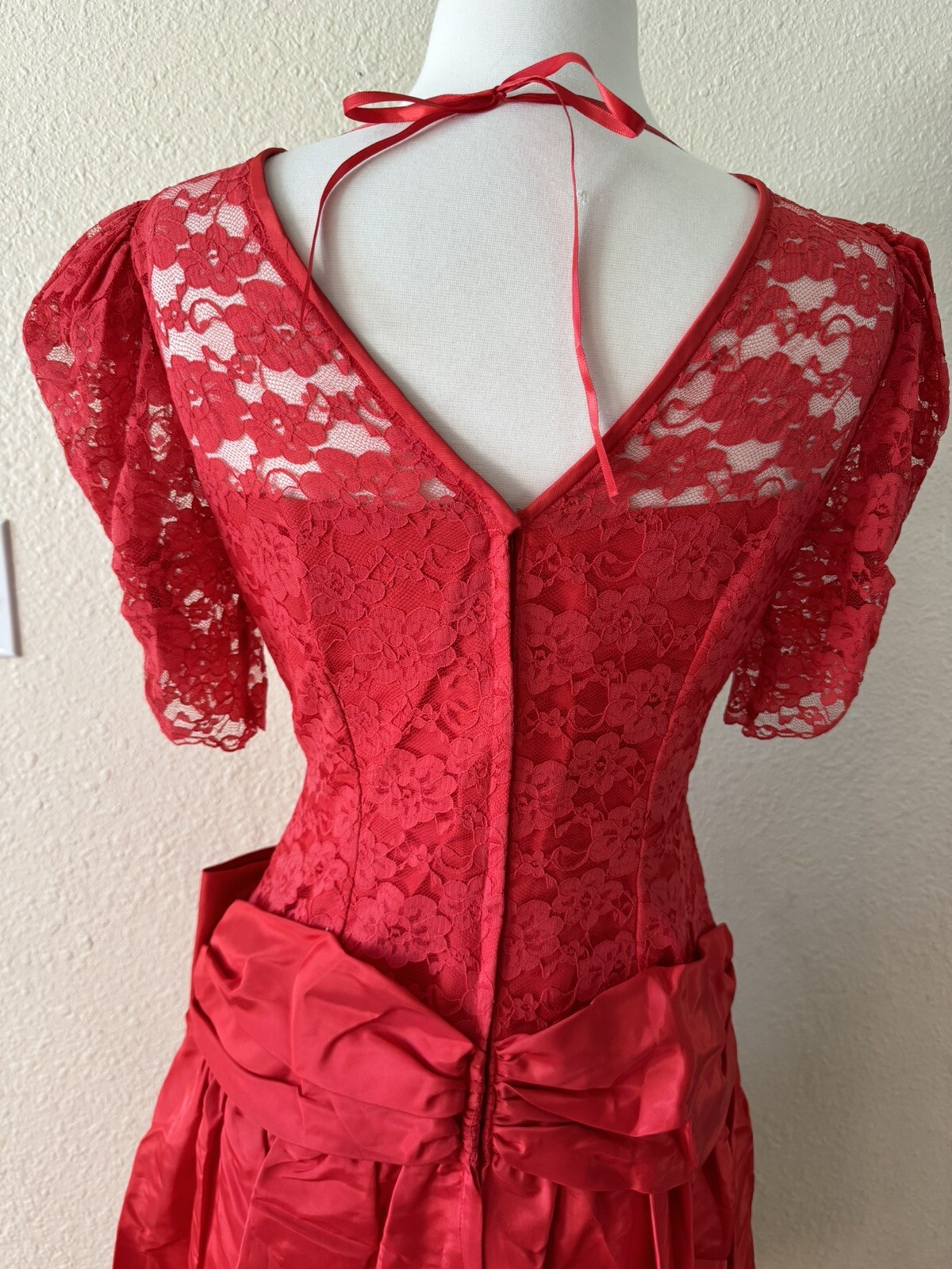 Vintage 80’s Red Lace Prom Dress Lydia Beetlejuice Size M Bow Rhinestone