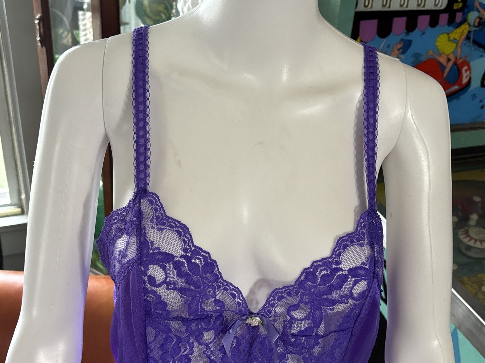 VTG Lingerie 80s 90s Medium Purple Nylon Unbranded Lace and Mesh Babydoll 32″