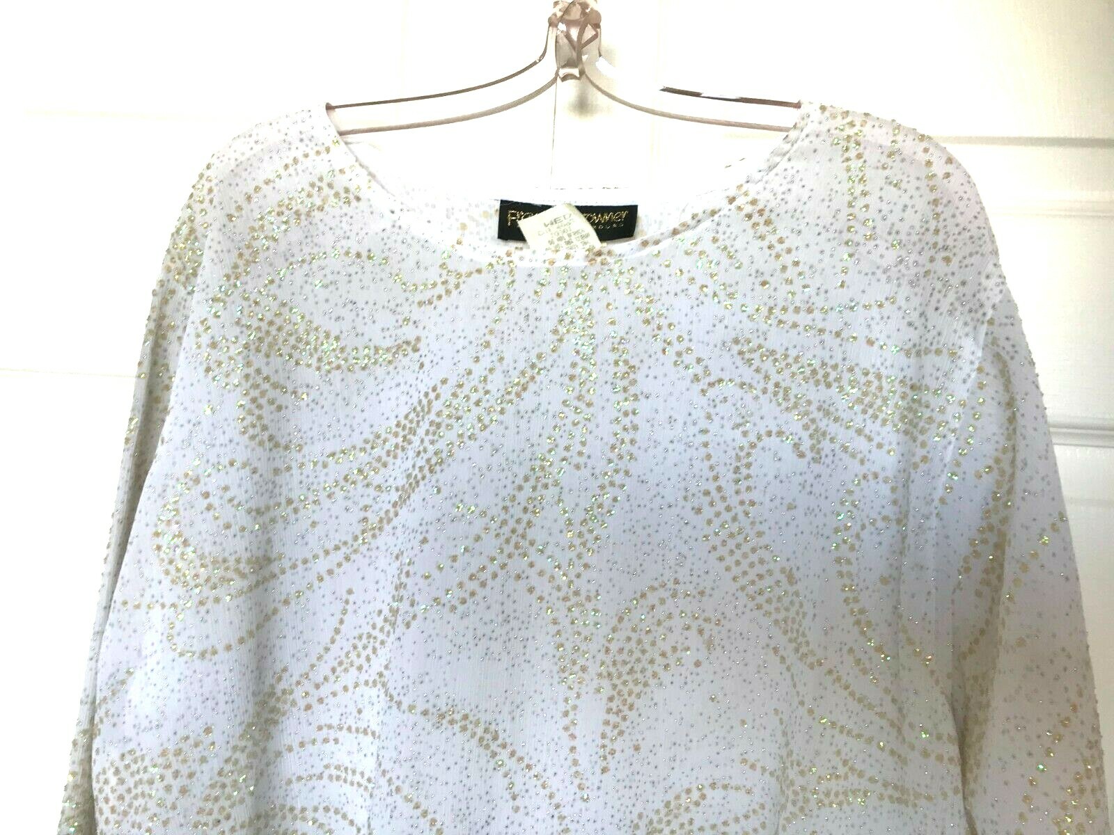 Women vtg disco blouse beads sequin top white gold Francine Browner Rumours 44″