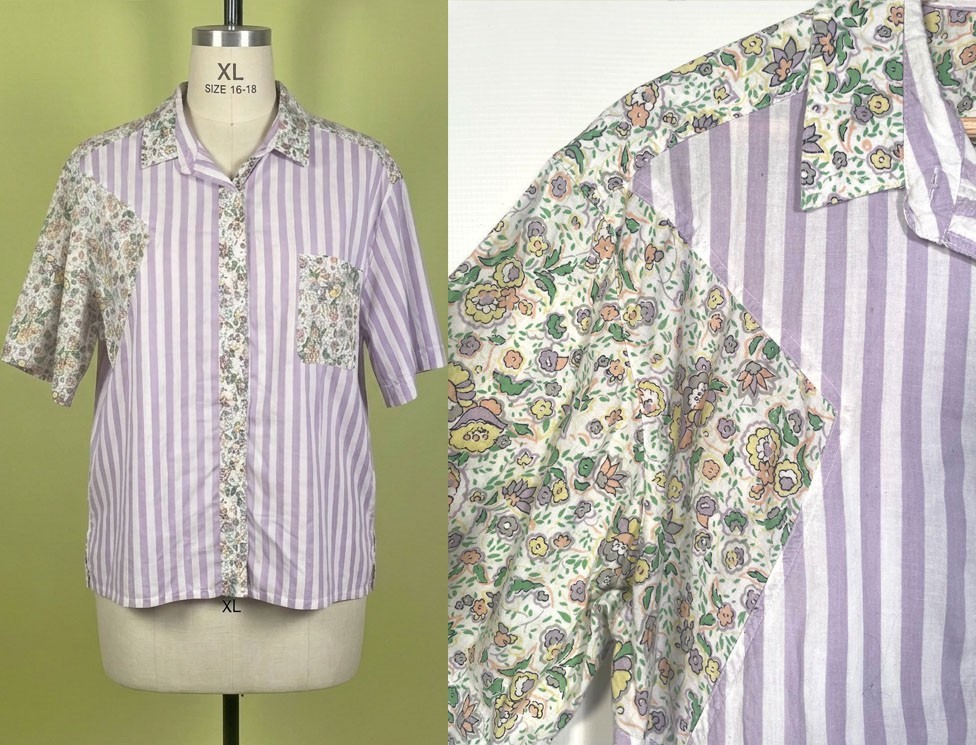 Vintage 1990s Plus Size Spring Floral All Cotton Striped Blouse Size 16 XL