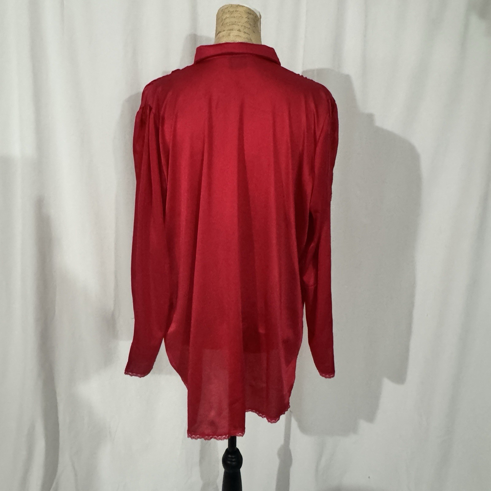 VTG NANCY KING Lingerie Bed Jacket Blouse Sz M Red Lace Peter Pan Collar Sleeves