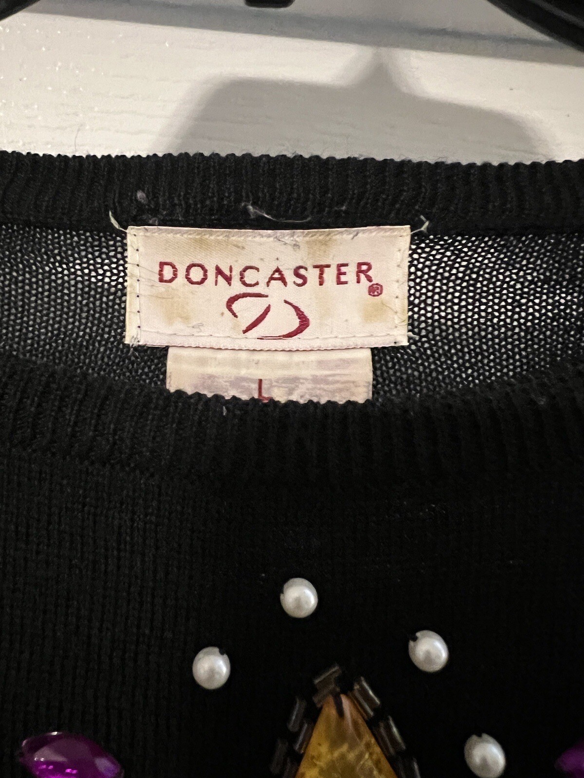 VTG Doncaster Sweater Women LG Black Bedazzled Neckline Wool Blend Castlecore