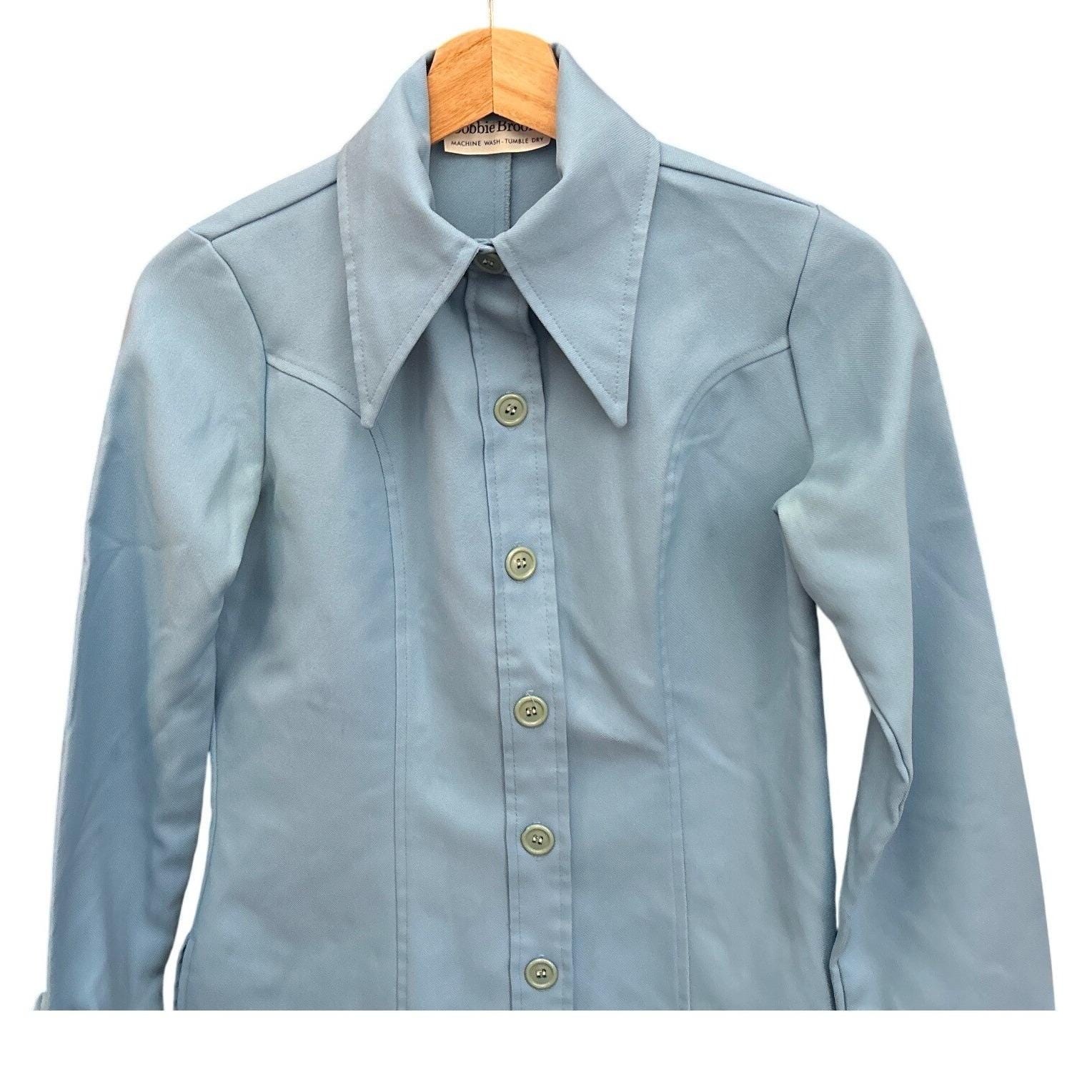70s Bobbie Brooks Button Down Shirt Dagger Collar Western Retro Blue Blouse