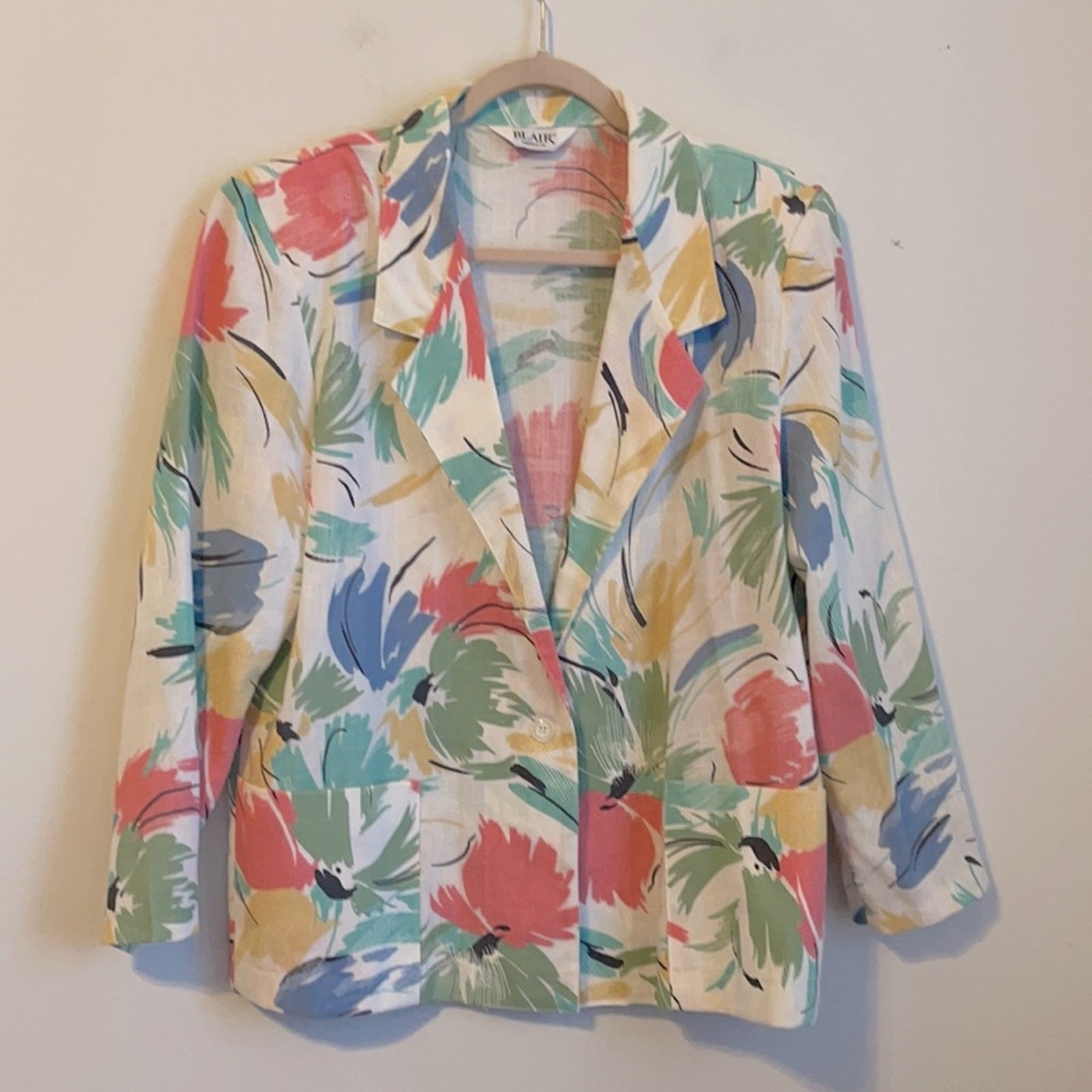 Vintage 80’s Blair unlined unstructured pastel paint stroke 1 button blazer