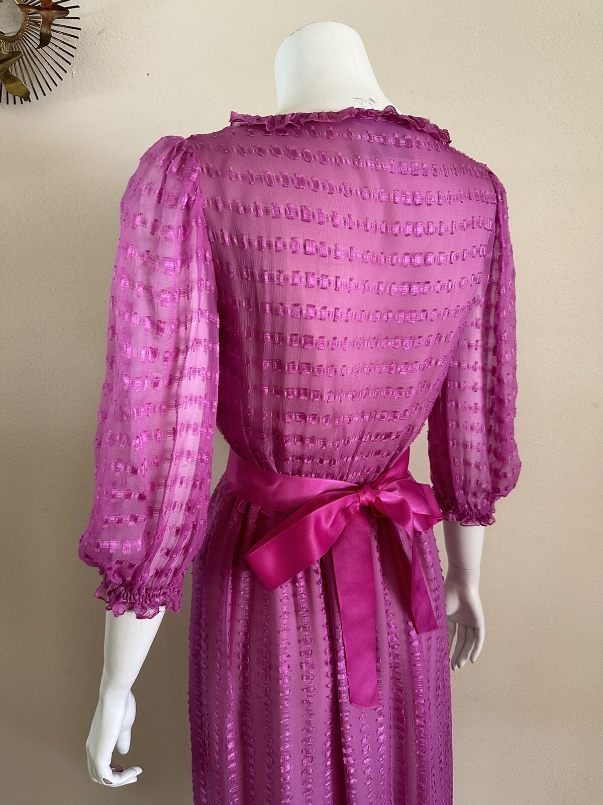 1980s Neiman Marcus Pink Sheer Ruffle Wrap Dress Ribbon Belt Petite Vintage