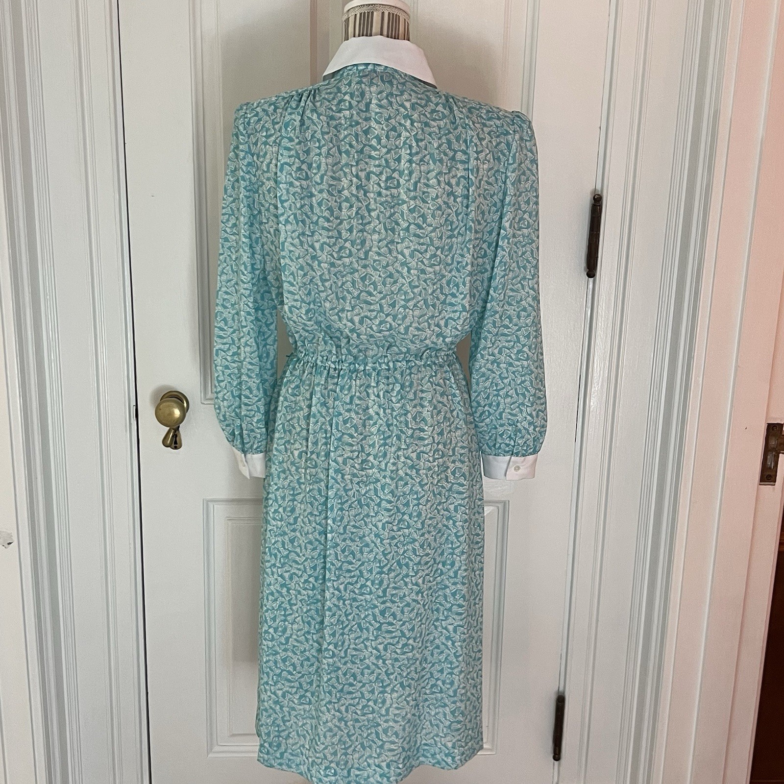 Vintage 80s Samantha Steven’s Petites Teal Bow Print Dress D151 Size 14
