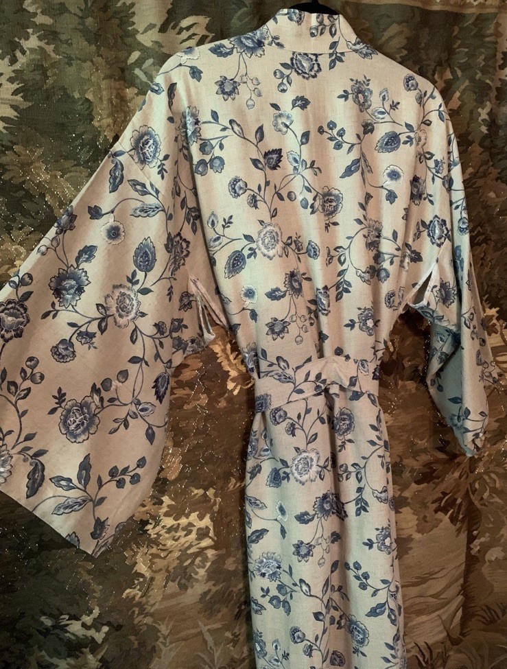 Vintage OOAK Linen Floral Maxi Full Length Kimono Wrap Robe Duster boho cottage