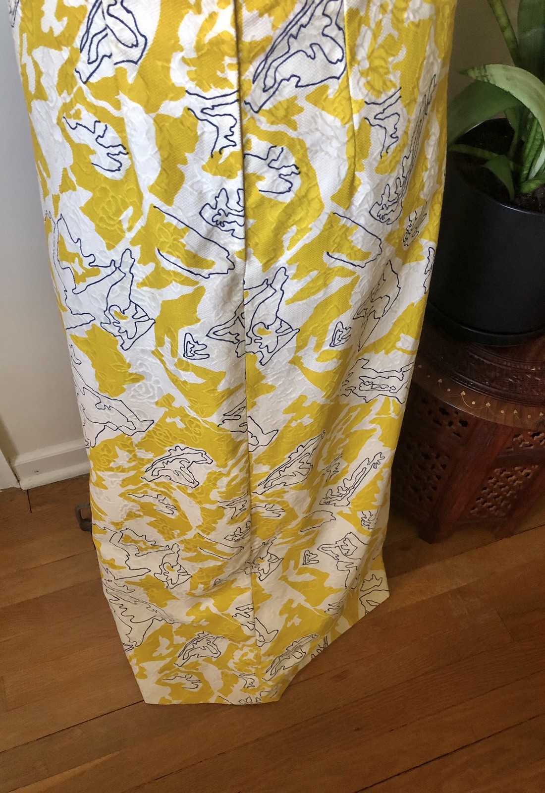 Mid Century Abstract Yellow, White, & Navy Blue Maxi Dress, M