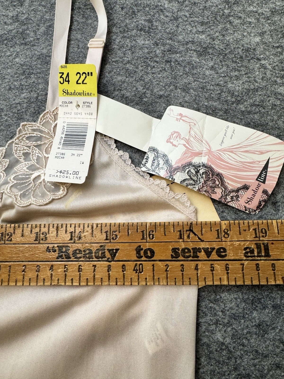 VTG Shadowline Dress Slip NEW w/Tags Peek-A-Boo Lace Sz 34 Mocha Beige 90’s