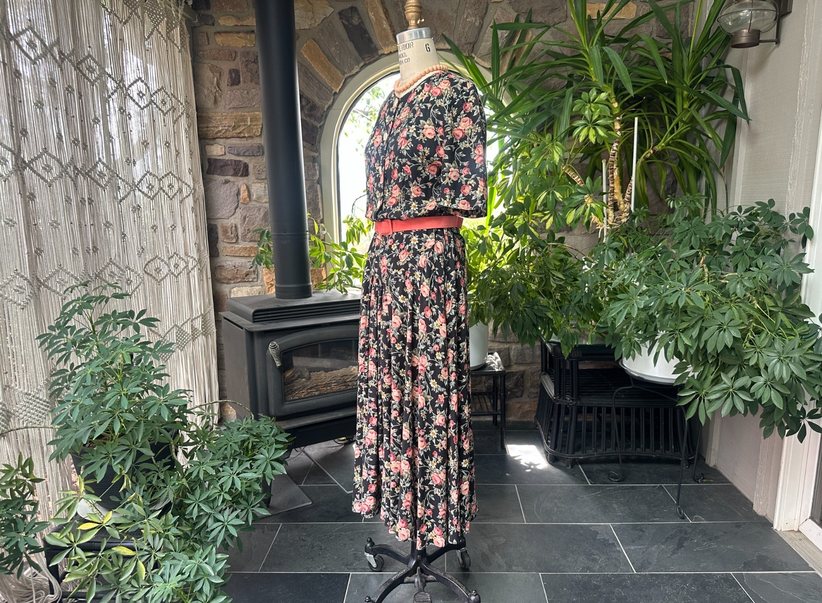 Vintage 1980s Black Pink Green Floral Rayon Dress