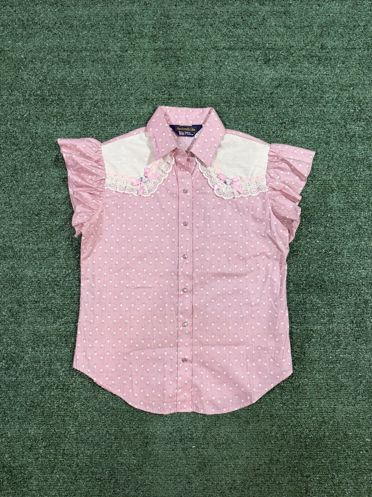 80s Vintage Panhandle Slim Woman’s Western Pearl Snap Pink Shirt Size 12 USA